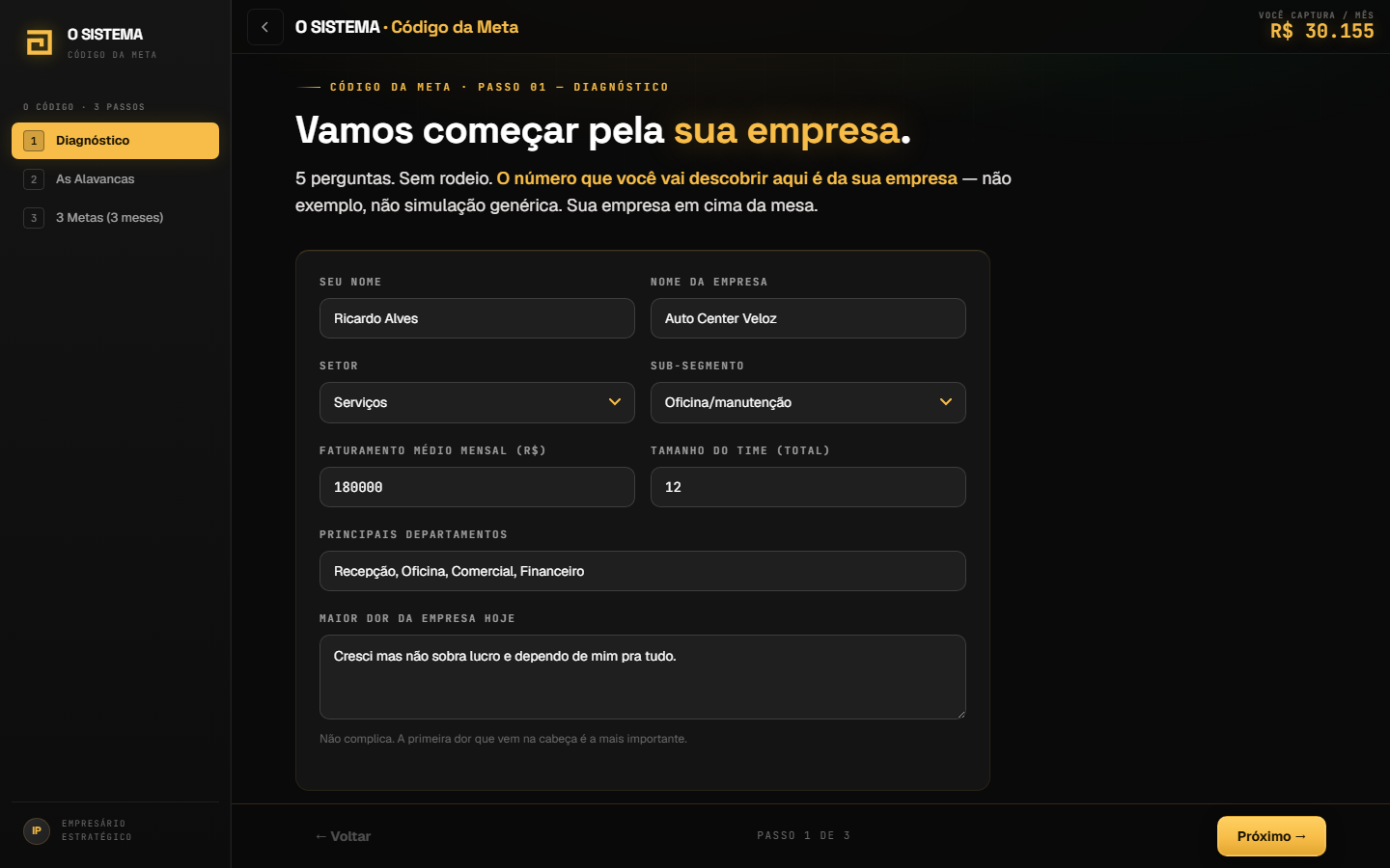 Tela do sistema mostrando o cálculo do dinheiro escondido da empresa.