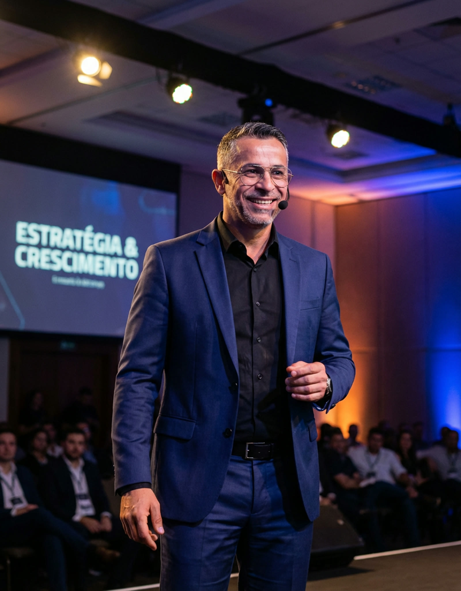 Itallo Pontes no palco, falando sobre estratégia e crescimento para uma plateia de empresários.