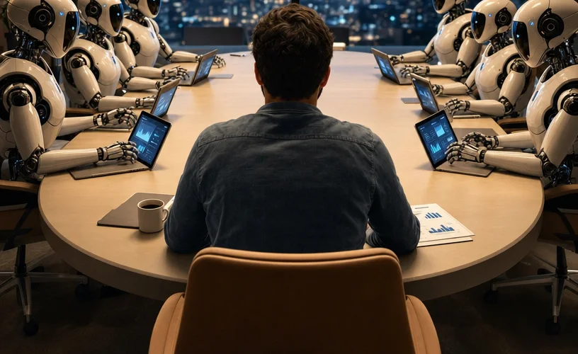Os seis gerentes de IA na mesa de reunião, cada um com seu laptop, entregando o resultado para o dono.